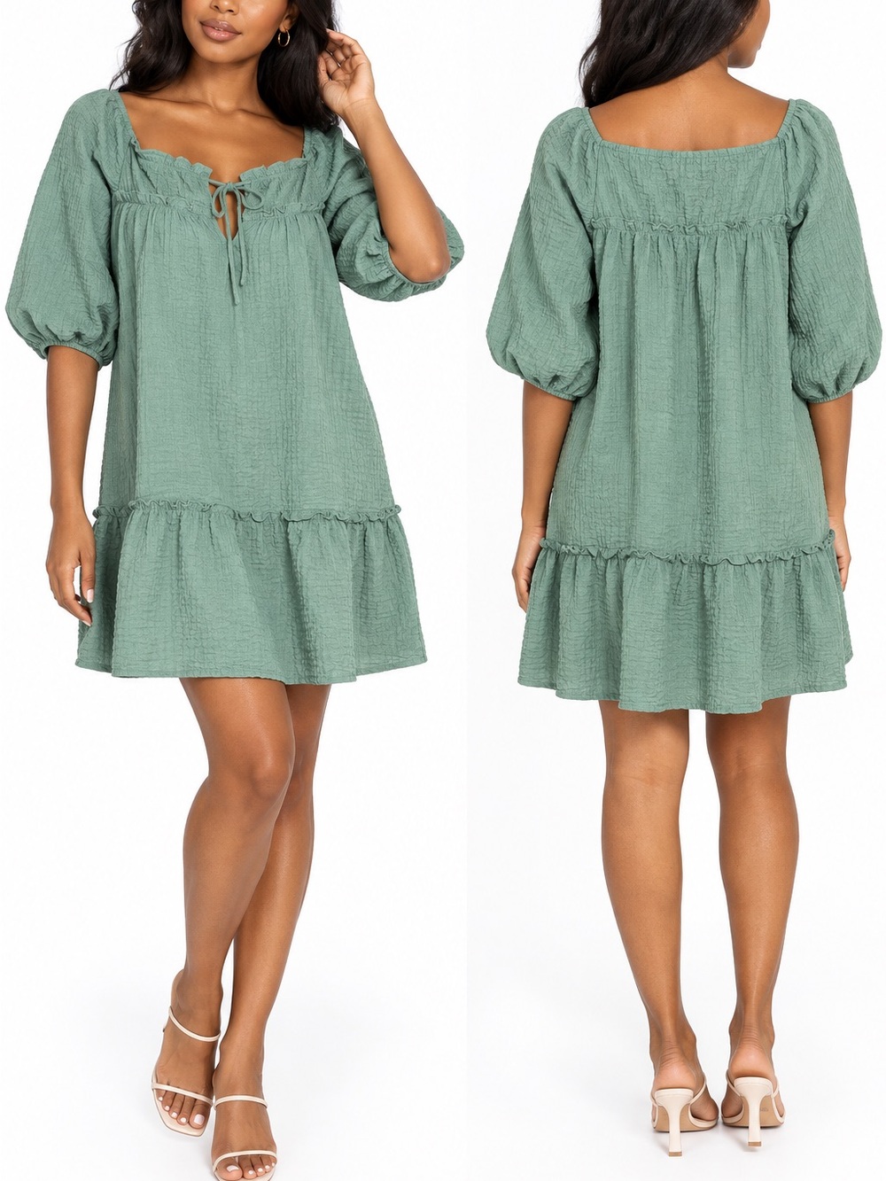 H&M Divided Green Textured Babydoll Mini Dress XS 💗